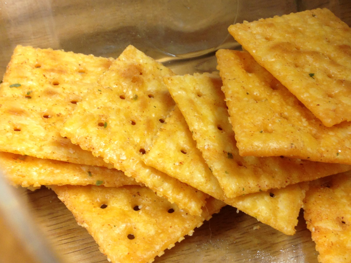 A stack of seasoned saltine crackers